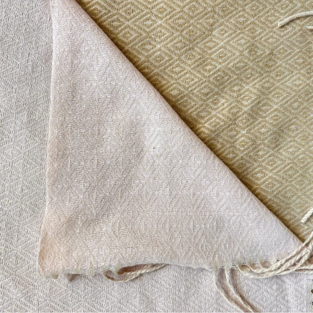 Cashmere Reversible Scarf Beige Tan Floral Jacquard Fringe Wrap